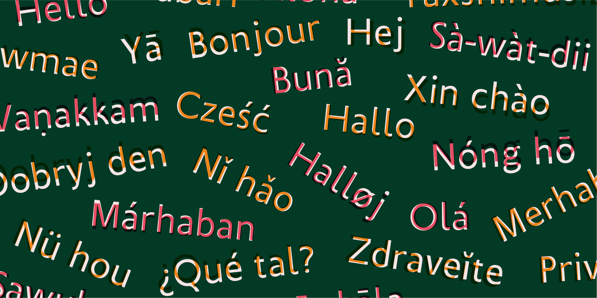 Various greetings in different languages floating on a page.