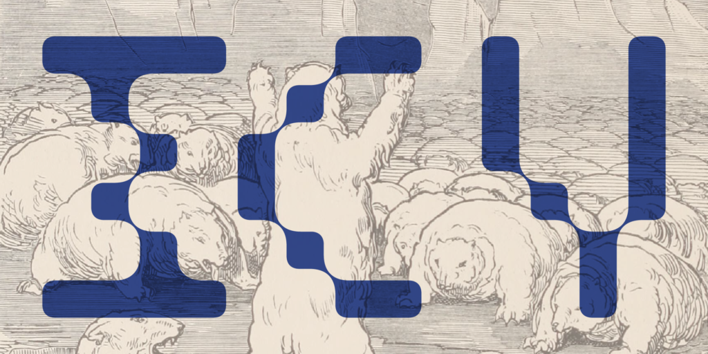 Large text saying "ICY" with a group of illustrated polar bears in the background.