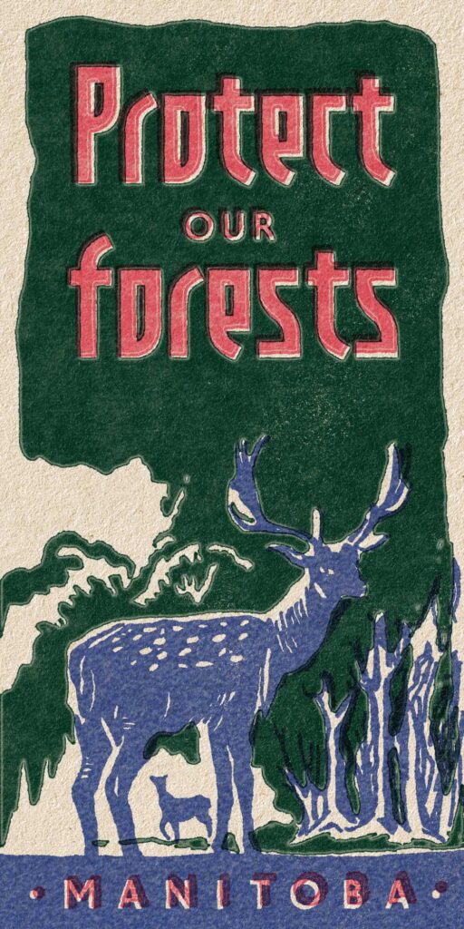 Vintage print of deer in forest with the phrase "protect our forests"