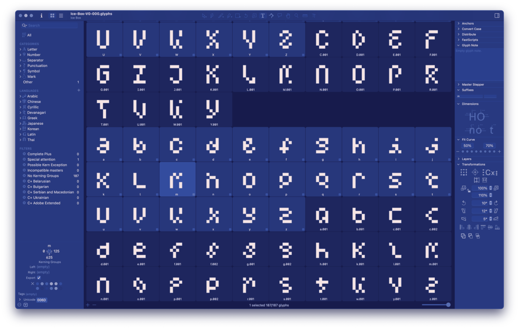 A work-in-progress screenshot showing a collection of rejected letterforms.